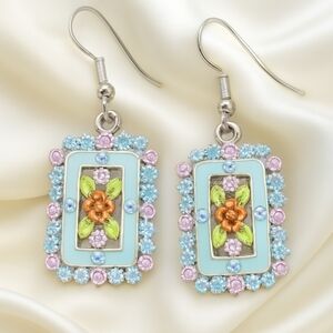 Chic Crystal Floral Drop Multicolor Earrings – Silver Elegance Statement Jewelry